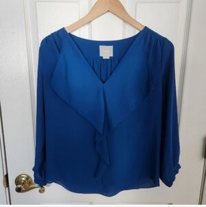 Maeve Anthropologie Parted Ruffle Blouse Womens Blue V Neck 3/4 Sleeve Top Sz 4